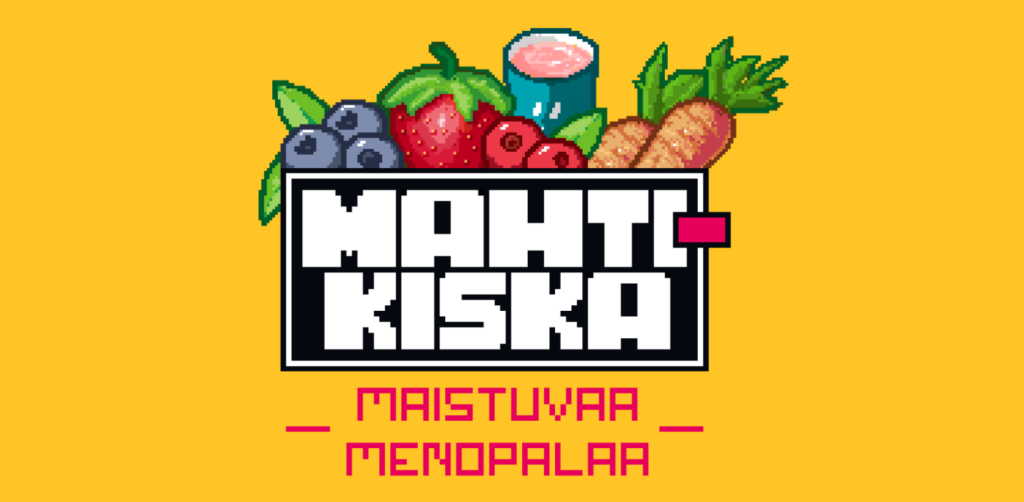 Mahtikiskan logo keltaisella pohjalla. Pikselöity teksti Mahtikiska maistuvaa menopalaa sekä marjojen ja hedelmien kuvia.